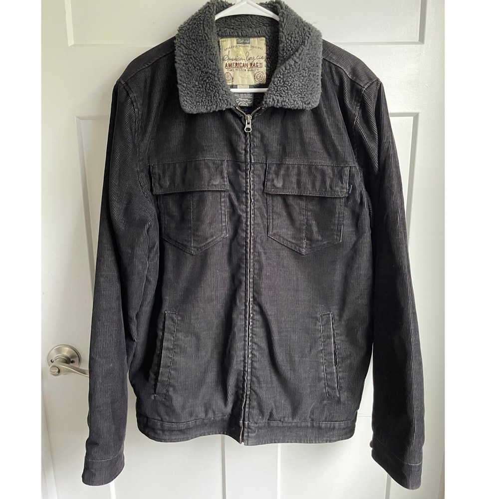 American Rag Corduroy Sherpa Lined Trucker Jacket Gray Men's M Black Full Zip